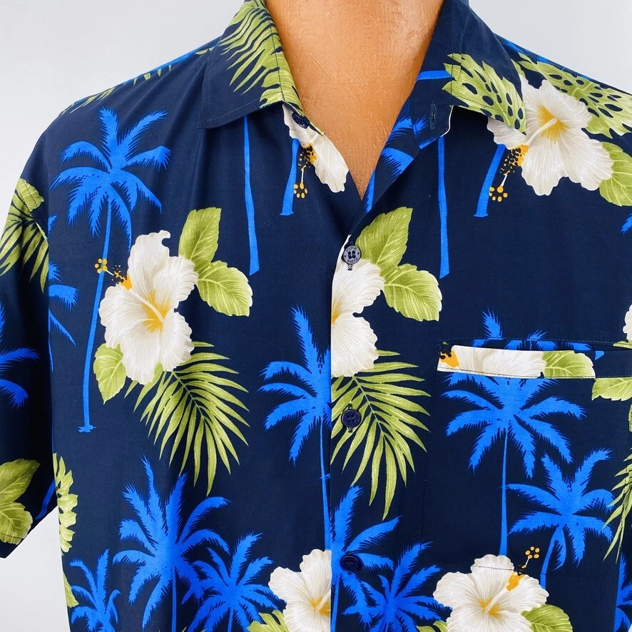 Rima Beach Wear Large Aloha Hawaiian Shirt Hibiscus Flower Palm Trees Blue