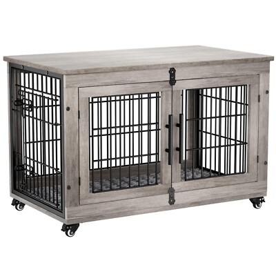 38.5'' Dog Crate Furniture Dog Kennel Double Doors Wooden w/Cushion Wheels Gray