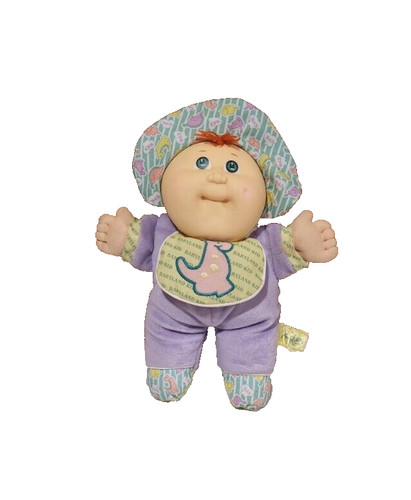 1988 Cabbage Patch Babyland Doll Purple Sleeper Dinosaur Bib Green Eyes Red Hair