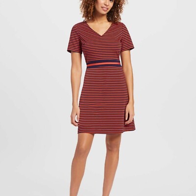 red navy stripe dress Orange Red and Navy Stripe Dress, Sz S, Pre-owned
