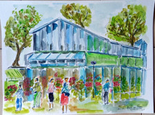 AQUARELLE PARIS LE MARCHE AUX FLEURS TABLEAU PEINTURE JUMEAUX JEAN PIERRE