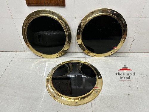 Vintage Nautical Brass Round Porthole | Black Glass Coastal Home Decor Set of 3 - Picture 3 of 10