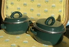 TWO Vintage MEGAWARE 0.5 QT. Cooking Pots (2) Green Black ENAMELWARE W/ Lids