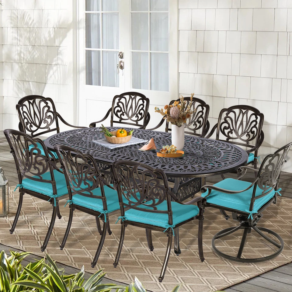 Juego de muebles de comedor de patio de aluminio fundido de 9 piezas con 8 sillas y mesa de comedor ovalada Foto 2 de 4