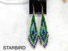BLUE, GREEN AND GOLD BEADED BEADED  EARRINGS 80's VINTAGE