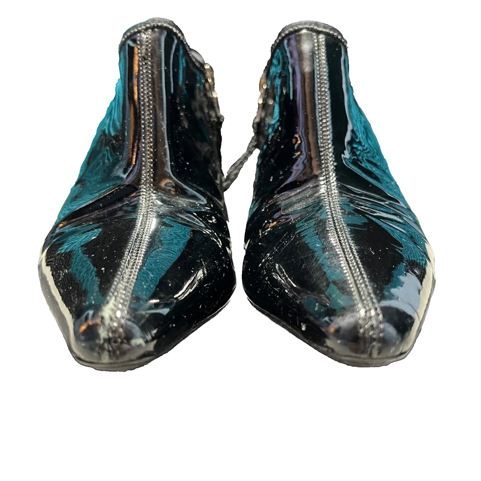 PRADA BLACK PATENT LEATHER WOMENS 7 BOOTIES MID-HEEL SIDE ZIP POINTY TOE Italy - Image 3 of 4