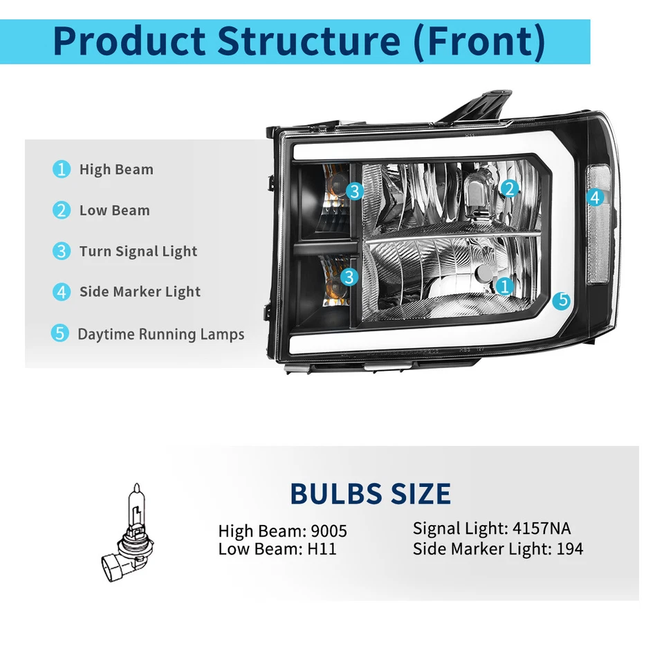 For 2007-2013 GMC Sierra 1500 2500HD 3500HD LED DRL Black Headlights Lamp Pair - Image 4 of 4