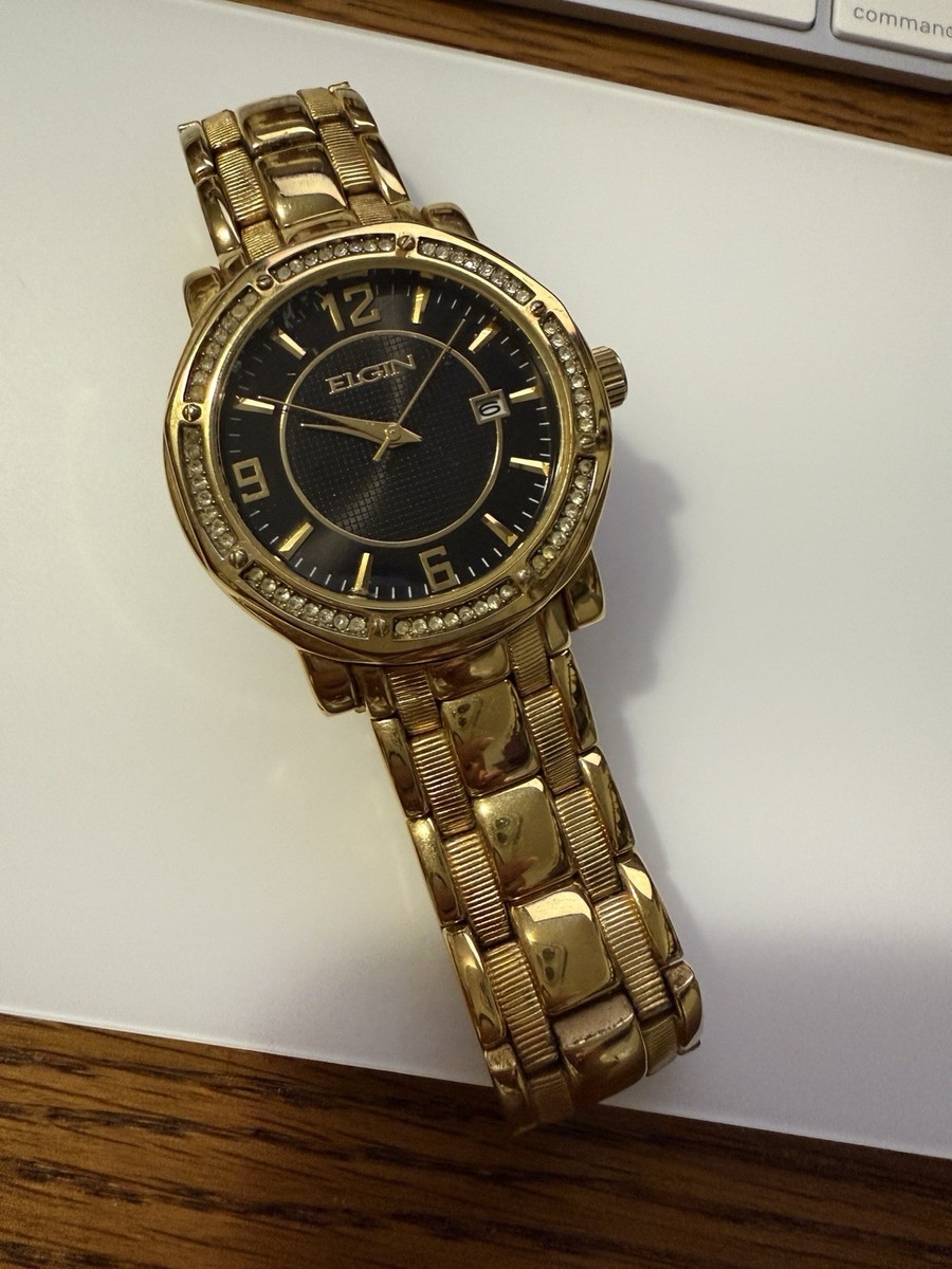 Men's Elgin FG1998 Gold Tone Crystals Watch Black Face Water
