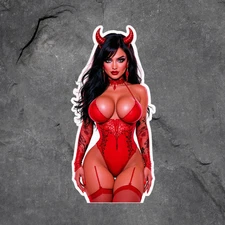 Pinup Girl Sticker Vinyl Decal Red Devil Lingerie Horns Lace Tattooed Black Hair