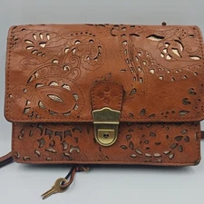 Patricia Nash Tan Italian Leather Laser Cut Out Boho Crossbody Wristlet Bag READ