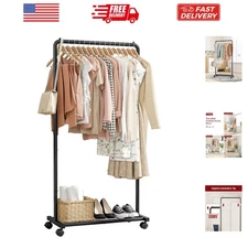 Clothes Rack - Clothing Rack with Storage Mesh Shelf & Casters, Heavy-Duty Me...