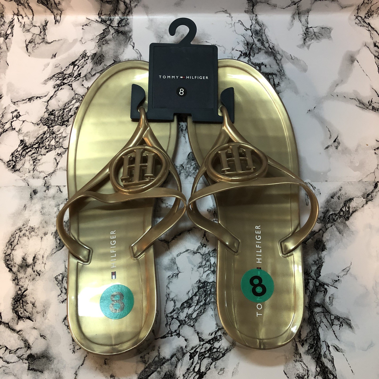 Tommy Hilfiger Womens Vedna Cutout Logo Jelly Thong Sandals Gold Size 8 Beach