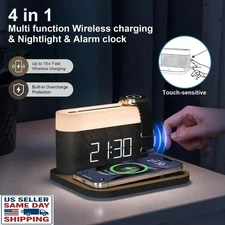 4-in-1 Wireless Charging Station, Alarm Clock, Dimming Touch Lamp 3 Colors Light
