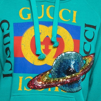 Gucci Teal Blue Cotton Planet Sequined Hooded Sweatshirt XS | eBay