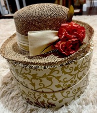 Vintage Debenhams Hat Box Straw Boater Hat | Made in UK | Floral Trim & Box