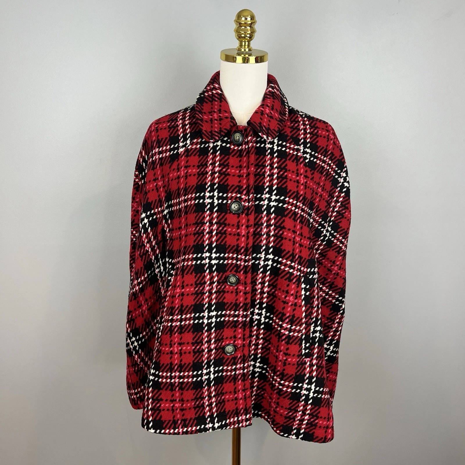 Talbots Cape Womens Size Large Petite Red Tartan Plaid Wool Blend Poncho Coat