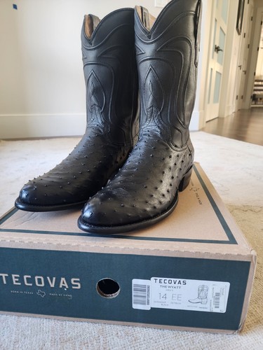 TECOVAS “THE WYATT” FULL QUILL BLACK EXOTIC OSTRICH COWBOY BOOTS MEN’S 14 EE NIB
