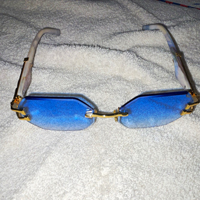 Men's Rimless Geometric Sunglasses Blue Gradient Lenses Gold Metal Frame