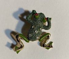 Green Enamel  Rhinestone FROG Pin Brooche With Articulated Moving Dancing Legs 