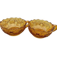 Vintage Pair 2 Glass Amber Quintec Round Shape Cut Rim Nappy Bowls With Handle