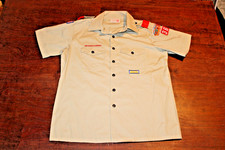 Boy Scouts of America BSA Men's Shirt Tan Large Sewn Patches Short Sleeve