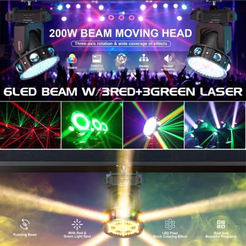 2 Stück Beam+Laser Moving Head 6 LED 200W Bühnenlicht RGBW Effektstrahler U`King - Bild 2 von 23