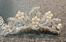 Elegant Silver Tone Floral Tiara Hair Comb With Crystals And Faux Pearls