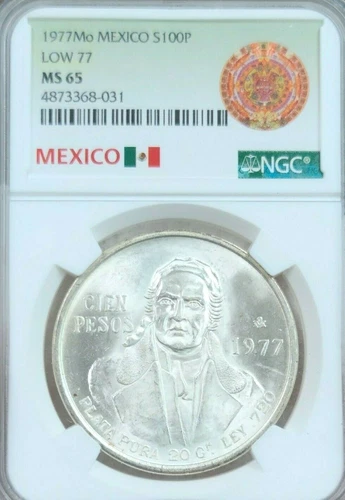 1977 MEXICO SILVER 100 PESOS S100P LOW 77 VARIETY NGC MS 65 BRIGHT LUSTER GEM BU