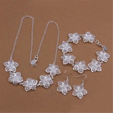 925 silver Fashion women lady Flower Earring Necklace Bracelet Set jewelry