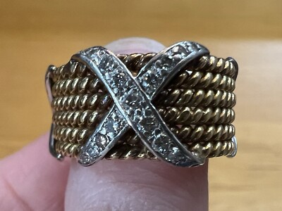 Tiffany Schlumberger 18K Gold Diamond 6 Row Rope Design X Ring