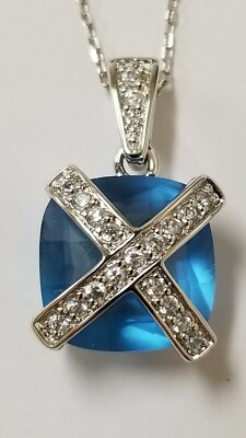 Blautopas und CZ Halskette quadratische Form X Design Sterlingsilber 18'' Kette 