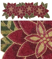 $70 St Nicholas Square Poinsettia Beaded Table Runner-Christmas 13 x 36" New