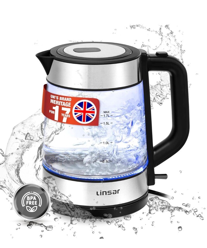 Linsar - Electric Glass Kettle 1.7L with Blue LED 2200 Watt Quiet Boil