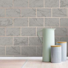 Crown 3D Effect Brick Tile Wallpaper Charcoal Marble Rose Gold Metallic Vinyl