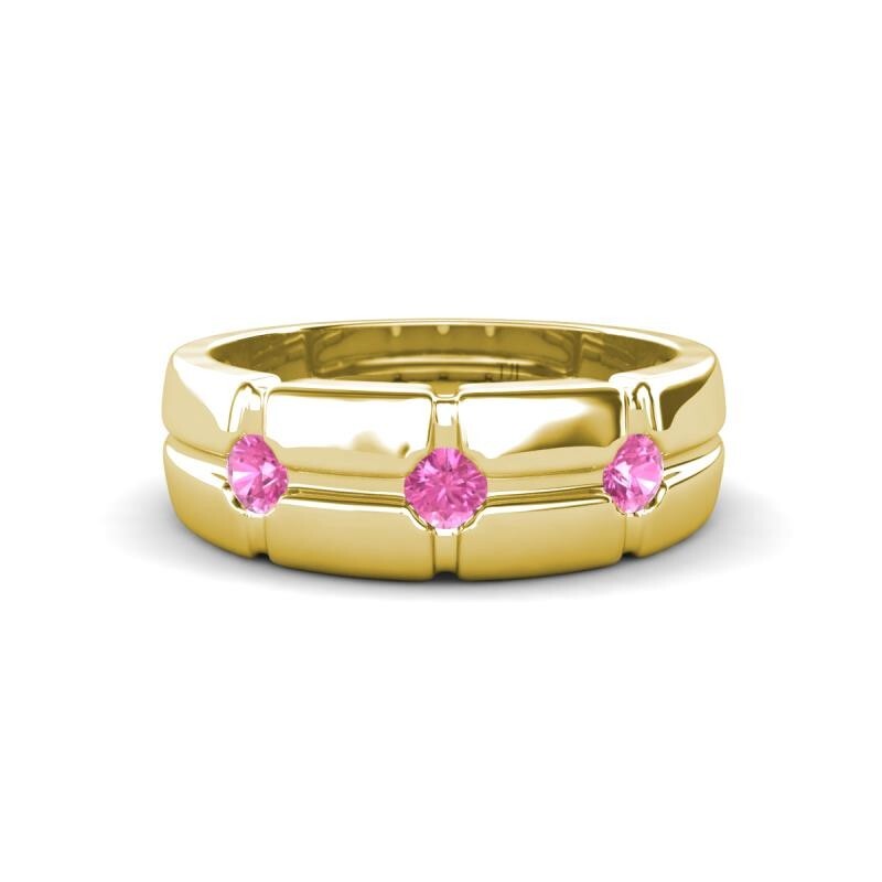 Pink Sapphire Cross Patterned Men Wedding Band (7.50 mm) in 10K