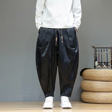 Men Dragon Print Harem Style Pants Lace Up Chinese w/Pocket Tapered Trousers
