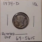 1934-D Mercury Dime 10c Denver Mint 90% Silver US (#64-5615/RB5) rotated die