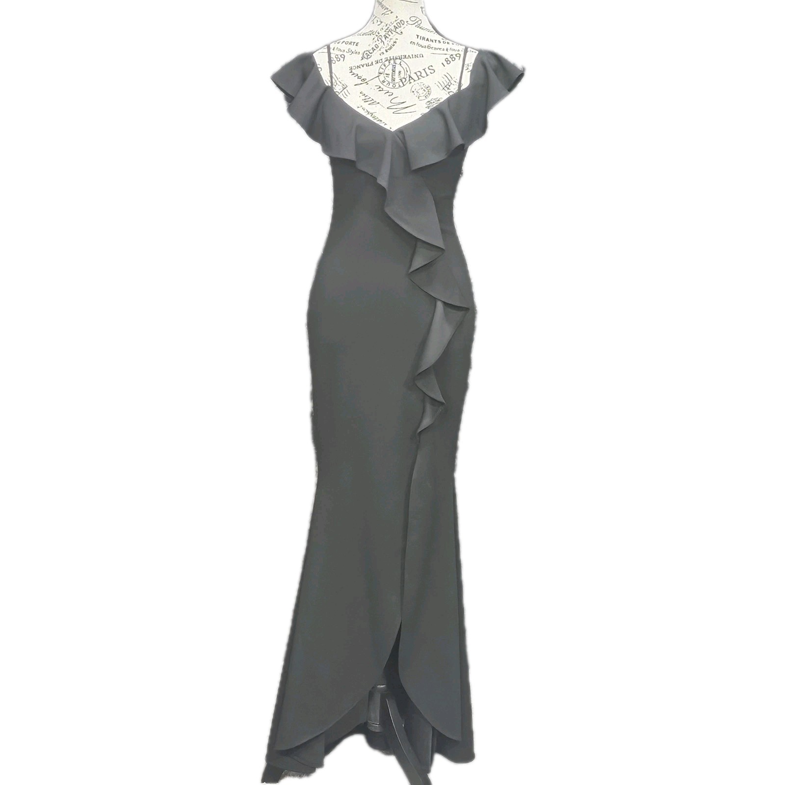 Betsy & Adam Cold Shoulder Ruffled Gown Sz 2 Black Flutter Sleeve Mermaid Glam