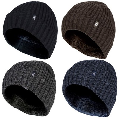 Herren Rippstrick Fleece gefüttert Umschlag Bündchen Thermo Beanie Mütze