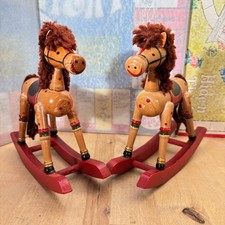Pair Vtg Wooden Rocking Horses, Painted w Yarn Hair, 7"h