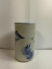 Hand Painted Chinese Ceramic Brush Pot Blue White 5.5” tall and 3.25" dia.