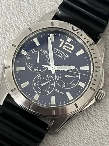 Citizen Mens Blue Dial Vintage Watch Diver Strap 100M Silver Stainless Steel