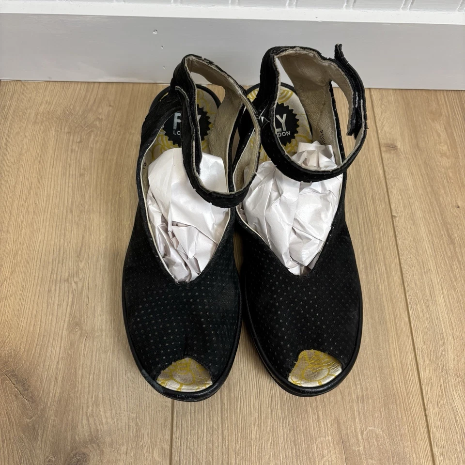 Mujer Fly London Negro Peep Toe Cuñas Talla 9 0332 Foto 2 de 4