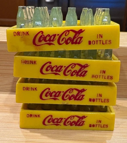 Lot 4 Miniature Coca Cola Coke Bottles Case 24 Yellow Crate Stacking Vintage