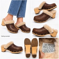 UGG Australia Women  s Brown Leather Shearling Platform Clogs Size 9