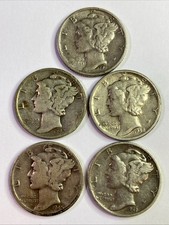 Mercury Silver Dimes 1916-1945 Lot Of 5.  90% Silver.  CHOOSE HOW MANY LOTS!