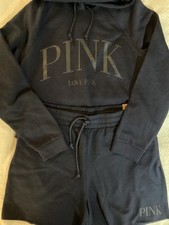 Victoria  s Secret PINK Navy Blue Fleece Cropped Hoodie Sweat Shorts Set L NWT