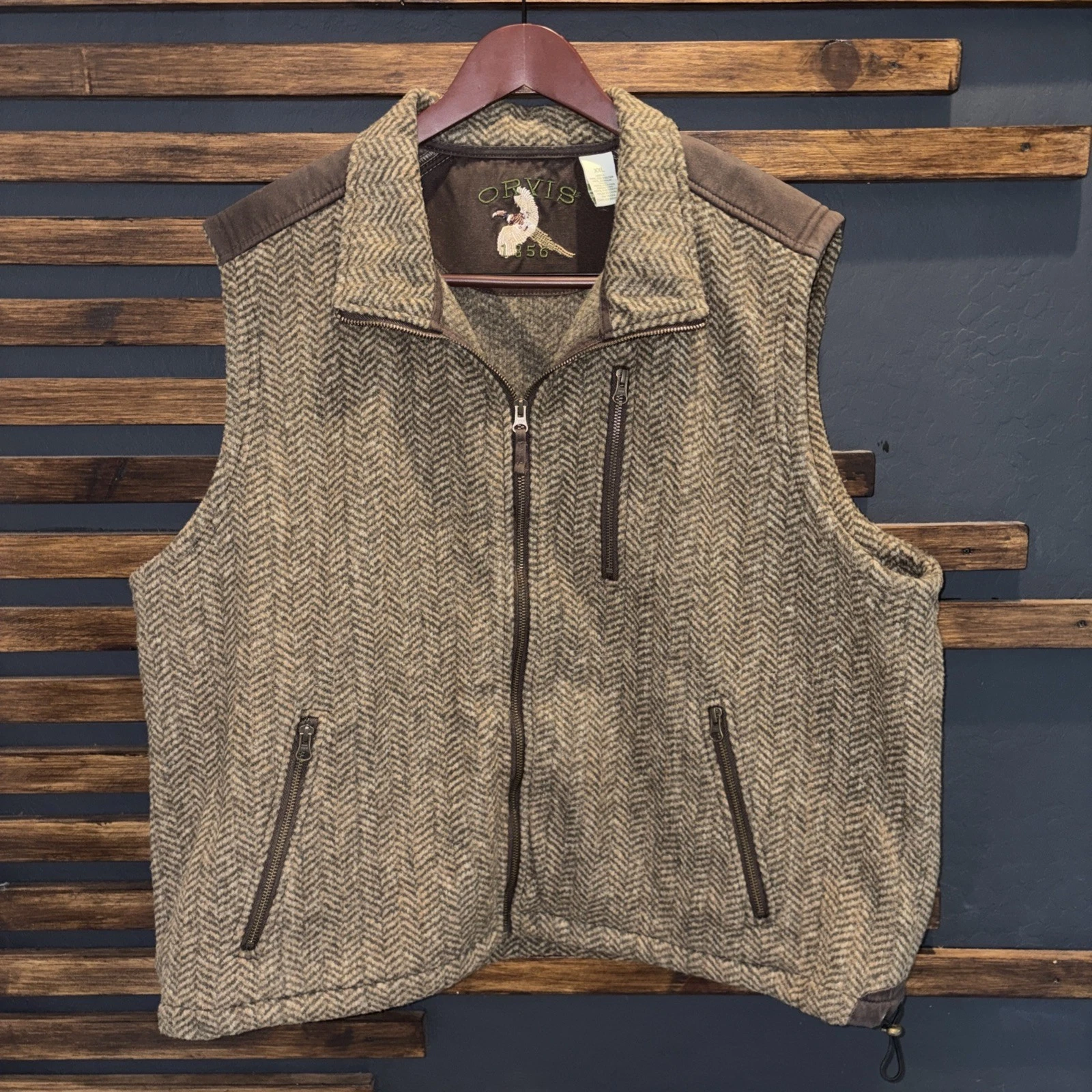 Orvis Herringbone Fleece Full-Zip Vest Mens L Hunting Outdoors Brown