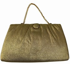 Gold Clutch Evening Bag Metallic Fabric Chain Strap Party Purse Vintage