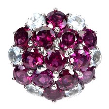 925 Sterling Silver Ring Round Rhodolite Garnet Aquamarine Gemstone Jewelry 7.5